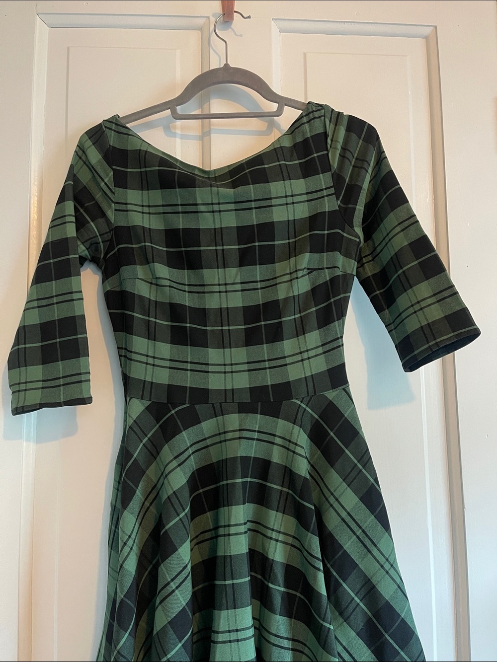 Unique Vintage Green and Black Plaid Fit-and-Flare Midi Dress